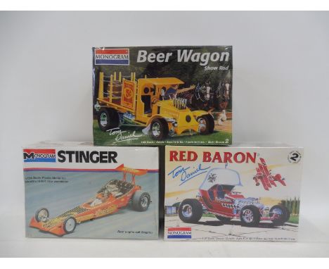 Three boxed Monogram 1/24 scale model kits of dragsters and hot rods.