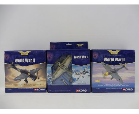 Three Corgi Aviation Archive 1/72 scale models to include a Junkers JU87 Stuka, France 1940, a Junkers JU87B Stuka, Austria 1