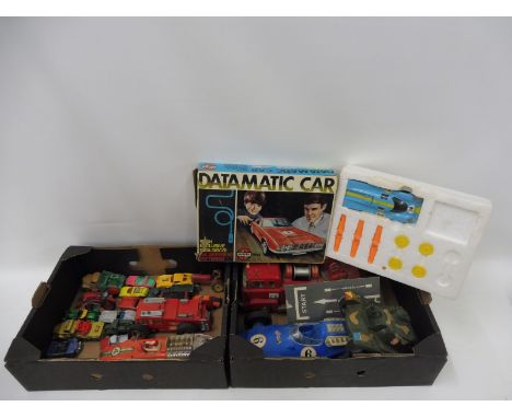 Two boxes of assorted models including a boxed Airfix Datamatic Car, tinplate, Dinky die-cast etc.