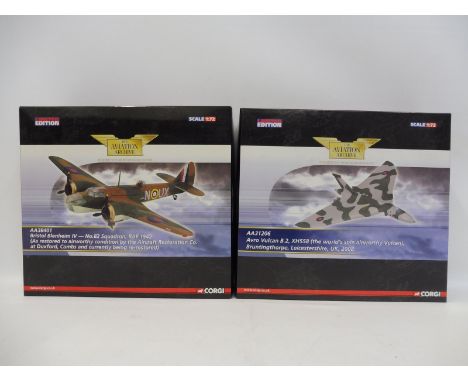 Two boxed Corgi Aviation Archive 1/72 scale limited editions: Bristol Benheim, no. 82 Squadron and an Avro Vulcan B.2, appear