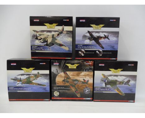 Five Corgi Aviation Archive 1/72 scale models: two Hawker Hurricanes, a Typhoon, a Boulton Paul Defiant Nightfighter and one 