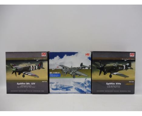 Three HM Hobbymaster 1/72 scale Air Power Series models: a BF110G4 Ober Lt. Martin Drewes, Laon Athies, 1944; a Spitfire Mk. 