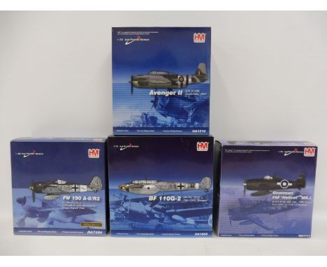 Four 1/48 scale HM Hobby Master 'Air Power Series', models, to include FW109, Avenger 2, Grumman Helmut and a BF110G,  appear