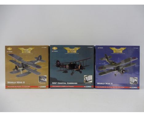 Three Corgi Aviation Archive 1/72 scale models to include a WWII Fleet Air Arm, a Fairy Swordfish Mk.I HMS Ark Royal, a Fairy