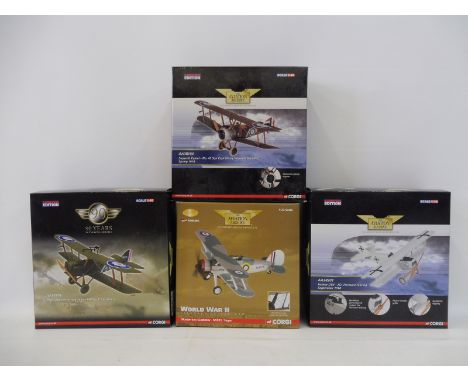 Four Corgi Aviation Archive 1/72 scale models; a Sopwith Camel no. 43 Squadron, 1918, a Royal Aircraft Factory SE5A, no. 1 Sq