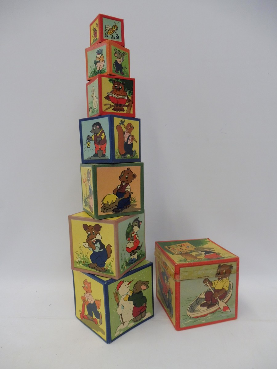 A wooden 1950s child's graduated set of blocks, appears complete.