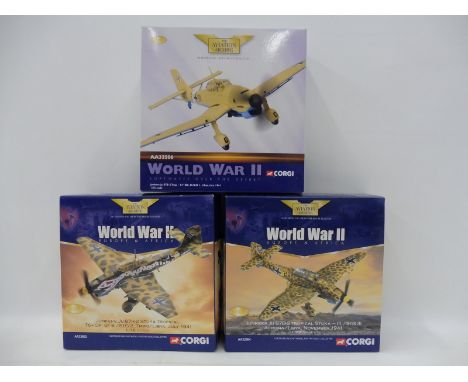 Three Corgi Aviation Archive 1/72 scale models to include A Luftwaffe Over The Desert, a Junkers JU87B, Libya 1941 and a Junk