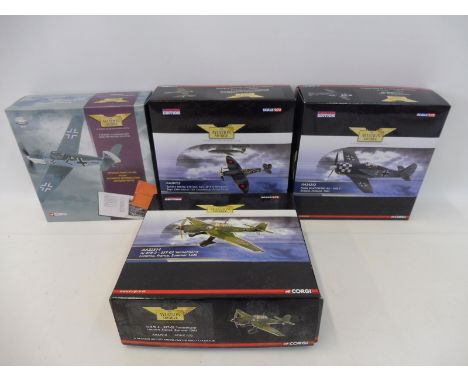 Four Corgi Aviation Archive 1/72 scale models: a Fokker Wolf FW190, based in Schipol, Holland, 1943, a Spitfire Mk. XIV, 610 