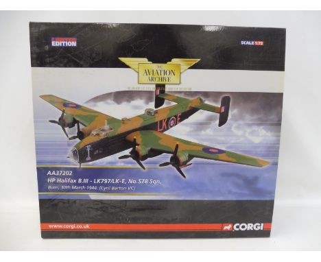 A Corgi Aviation Archive 1/72 scale limited edition HP Halifax B.111 Cyril Barton V.C. 1944, appears in excellent condition.