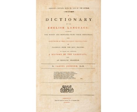 Johnson (Samuel) A Dictionary of the English Language, first edition in 1 vol., engraved portrait frontispiece, scattered spo