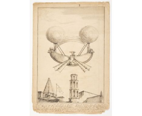 Ballooning.- Anonymous (probably late 18th century) Original drawing of a "lost" print, showing an [imagined] flight in Barce