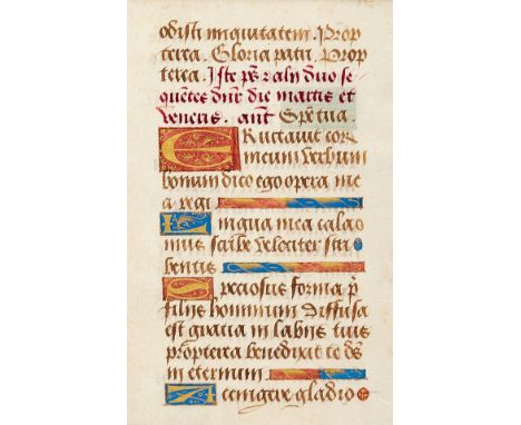 Book of Hours.- Single leaf from a book of Hours, part of Psalm 44, manuscript in Latin, on vellum, 2 2-line initials, 3 1-li