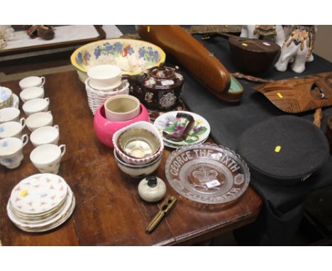 A Victorian barge ware teapot  AF; various jardinieres; a fruit decorated washbowl; sea shells etc.