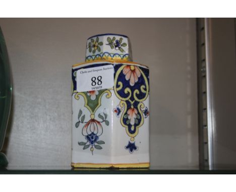 A Mosanic Fiance ware tea caddy and lid of hexagonal form
