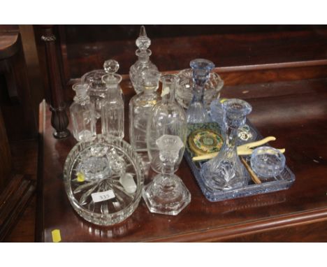 A quantity of glass dressing table items; a compact; glove stretchers etc.