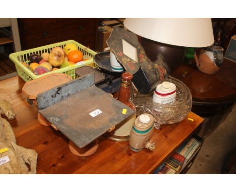 Two sets of kitchen scales; two glass bowls etc.