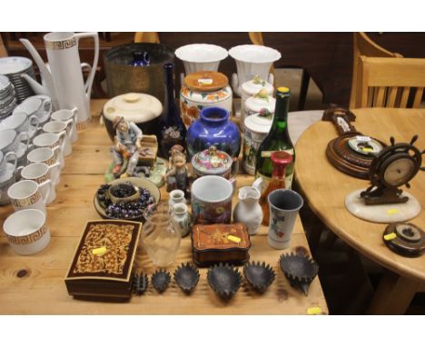 A quantity of various china to include two Goebel figures; Sorrento ware box; three storage jars; a pair of white glazed urn 