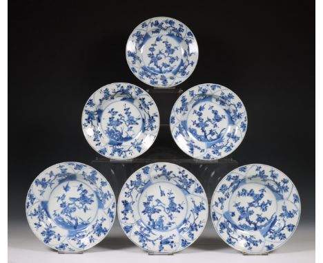 China, set van zes blauw-wit porseleinen diepe borden, Kangxi periode (1662-1722), gedecoreerd met vogels bij een bloeiende p
