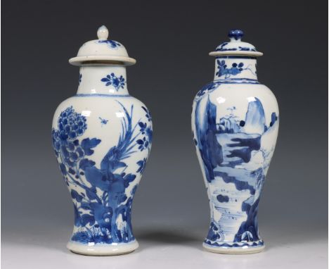 China, twee blauw-wit porseleinen dekselvazen, Kangxi periode (1662-1722)/ 18e eeuw, een gedecoreerd met een fazant in een ro