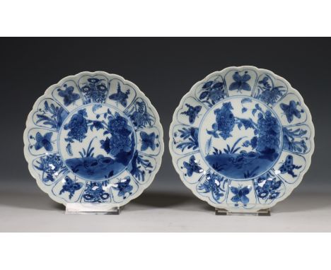 China, paar blauw-wit porseleinen gelobde schoteltjes, Kangxi periode (1662-1722), gedecoreerd met een paar eenden in een blo