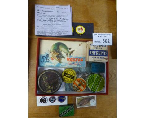 Fishing : Vintage collection of badges, tins, reel etc all in small box