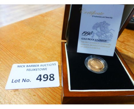 Coins : QEII gold sovereign proof - 1998 London mint boxed first sovereign to feature Rank - Broadley's portrait of the queen