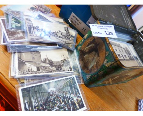 Postcards : Vintage tin containing 230+ cards mainly vintage UK topo cards most in sleeves, few foreign used/unused