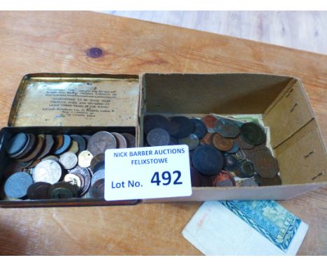 Coins : A small tin &amp; box of vintage world coins - some silver included