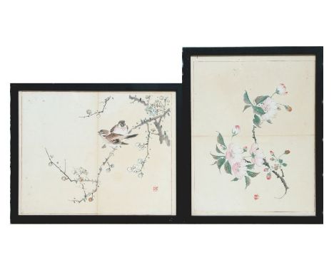 Two Japanese coloured woodblock prints depicting birds on a branch and flower, framed &amp; glazed, 22 by 35cms (2).