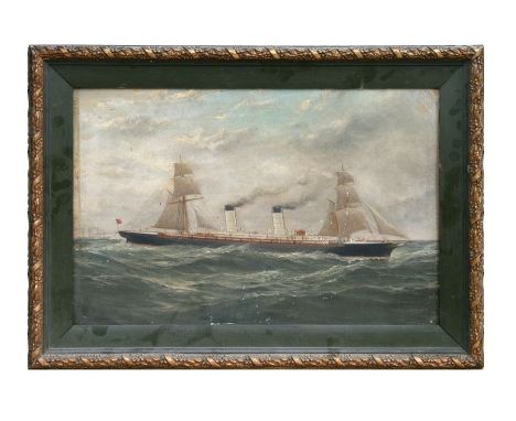 P Greenwood - Seascape with Steamer Ship in Rough Seas - signed lower right, oil on board, framed, 44 by 29cms.