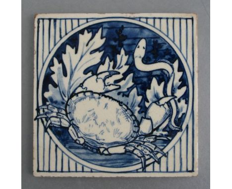 A Minton tile, stamped Minton Pottery Studio, Kensington Gore to verso, decorated with a crab, eel and seaweed, 15.3 by 15.3c