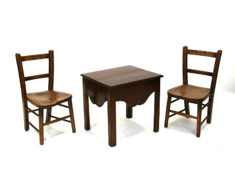 A 18th century commode box stool, 47cms wide; together with a pair of child's oak and elm chairs (3).