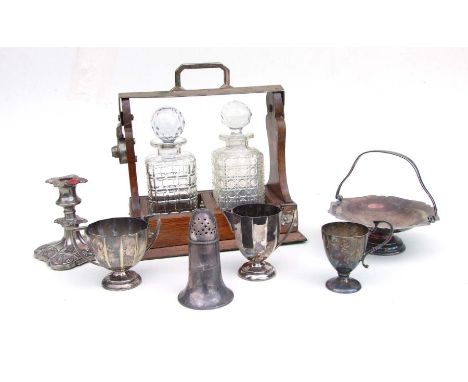 A llarge quantity of silver plate to include flatware, pierced bowls, dishes and an oak tantalus.Condition Reportthe tantalus