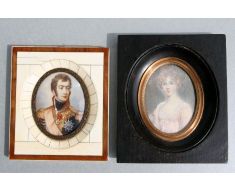 A 19th century English school portrait miniature of a young lady  in an ebonised frame 6 by 8cm together with another of a Fr