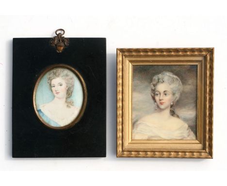 A portrait miniature depicting Lady Mortlake of Cambridge, framed &amp; glazed, 8.5 by 9.5cms; together with another oval por