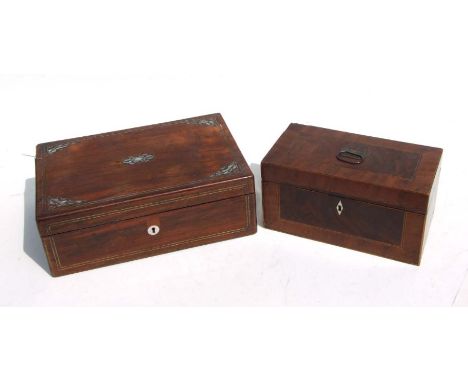 A Georgian mahogany two-division tea caddy, 28cms wide; together with a Victorian rosewood writing slope, 35cms wide (2).