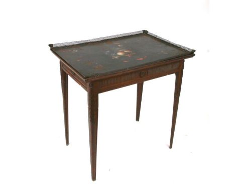 A 19th century Chippendale style side table with tole work tray top decorated with fruit and flowers, on a mahogany base with