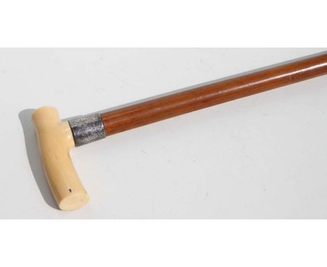 A Victorian ivory handled Malacca walking stick with silver collar, Birmingham 1891, 91cms long.