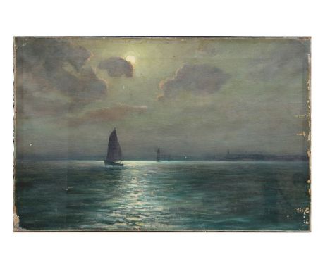 H L Robinson - Moonlit Seascape with Fishing Boats - signed lower right, oil on canvas, unframed, 61 by 40cms.Condition Repor