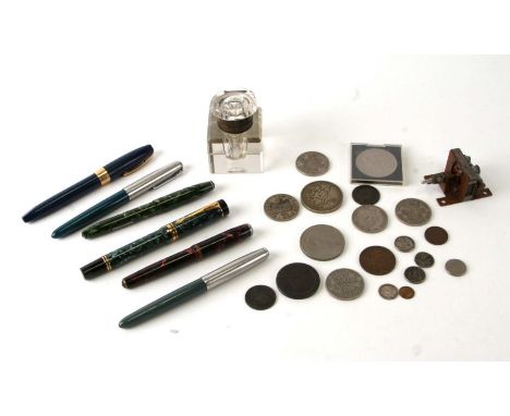 A Parker fountain pen with 18ct gold nib; three 14ct gold nibbed fountain pens; a George III 1897 cartwheel penny; other coin