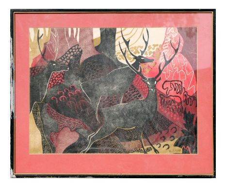 Nora Jean Kerr (1908-1956) - Deer In Forest - coloured lithograph, framed and glazed, 43 by 32cms.