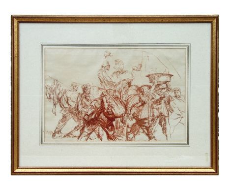 Frank Brangwyn (British 1879-1930) - A Group of Figures Carrying Produce - sanguine lithograph, framed &amp; glazed, 42 by 28