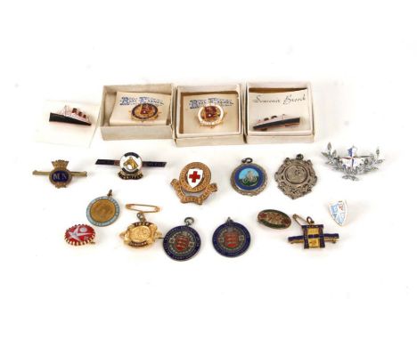 A quantity of enamel lapel badges to include a silver and enamel National Cycling Union Central Championship, Queen Mary Souv