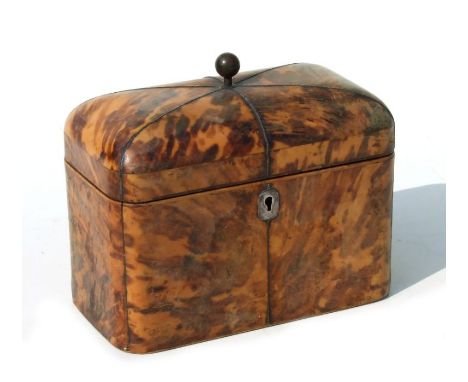 A Regency blond tortoiseshell banded tea caddy of rounded rectangular form, with six segmented lid, the interior with two com
