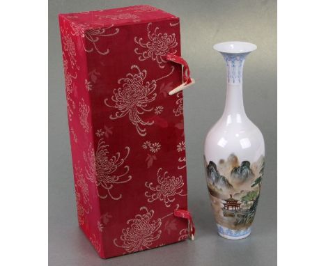 A Chinese eggshell porcelain baluster vase decorated with a mountainous river landscape and calligraphy, blue seal mark to th