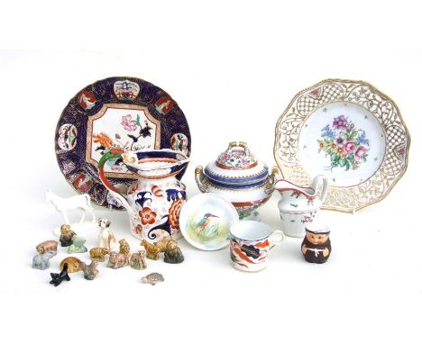 A Royal Worcester pin dish decorated with a kingfisher, 11cms diameter; a Spode soup tureen and cover; an Ironstone jug; Wade