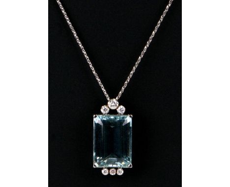 An 18ct white gold aquamarine and diamond pendant on fine chainCondition ReportApprox 8mm x 18mm x 6mm, good overall conditio