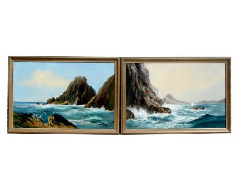 R D Sherrin (British 1891–1971) - a pair of seascapes with rough seas breaking against the rocky foreshore, oil on canvas, bo