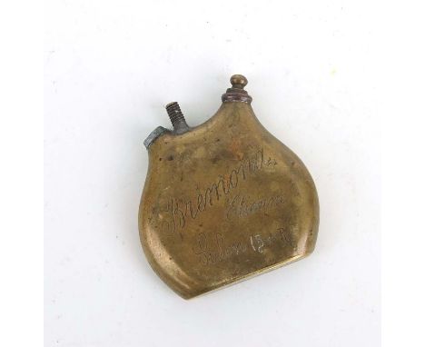 A rare WW1 trench art lighter in the form of a French Army water bottle. Engraved on one side: Bremond Etienne Salon (B-d-R).