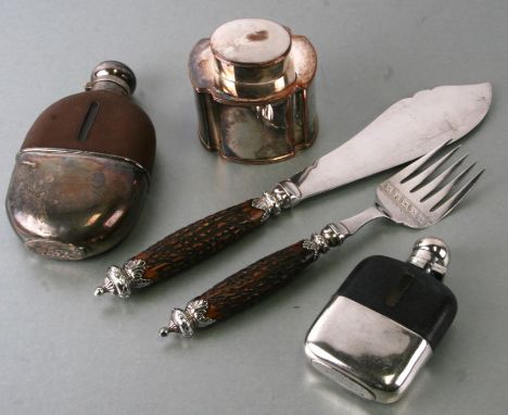 Two silver plated hip flasks; together with a silver plated tea caddy and a pair of antler handled fish servers.